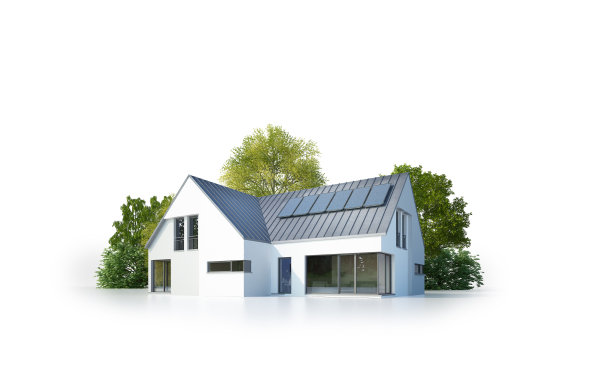 带有金属屋顶和太阳能电池板的孤立现代住宅图片下载