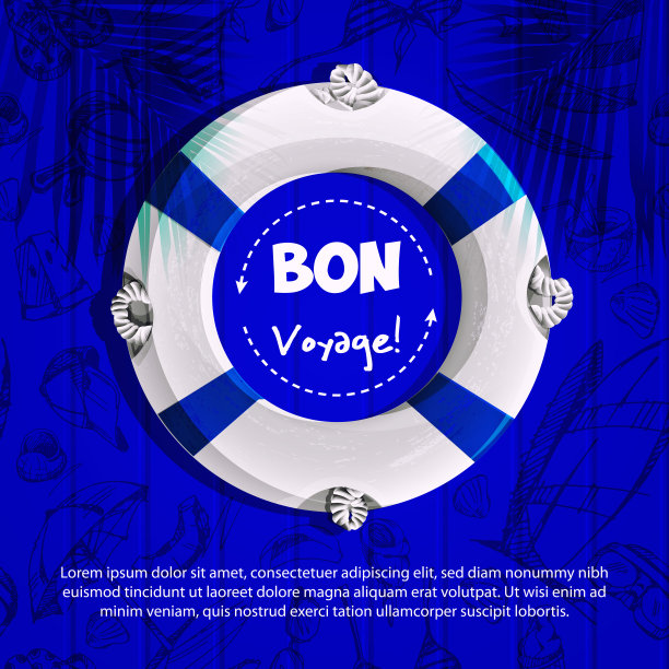 卡通风格的海上旅行和海滩度假概念。救生圈与空间的文字在条纹彩色背景与徒手画。图片下载