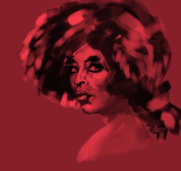 一个有着华丽发型的深色皮肤女人的单色肖像图片下载