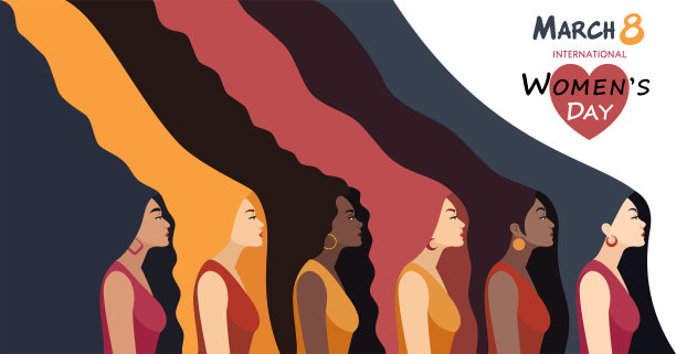 国际妇女节旗帜。多种族妇女群体。图片下载