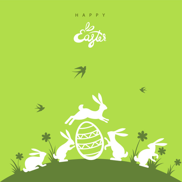快乐的复活节横幅和兔子。复活节彩蛋和绿草。图片下载
