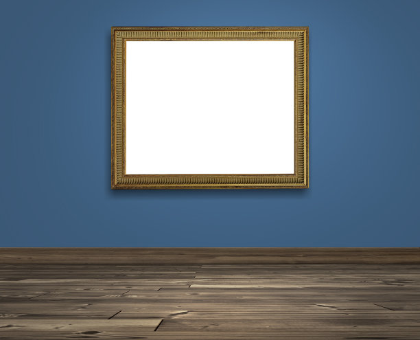 金色的相框，彩色的墙壁和棕色的木地板图片下载