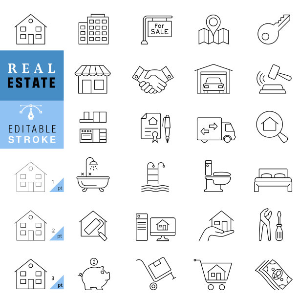房地产线图标。可编辑的中风。图片下载