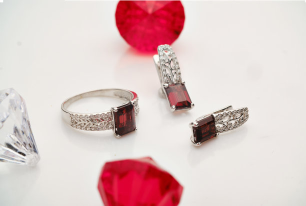优雅的珠宝套装。镶有宝石的珠宝。首饰配件拼贴。产品静物概念。戒指、项链和耳环。图片下载