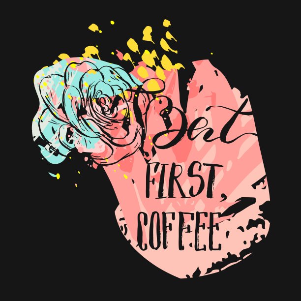 手绘矢量抽象绘画现代卡片与手写墨水刻字阶段，但首先咖啡和多肉仙人掌植物在柔和的颜色隔离在黑色背景。咖啡店设计图片下载