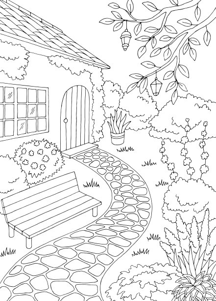 花园庭院中的房屋图文黑白素描矢量插图图片下载