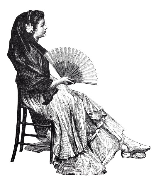 年轻的美女坐在椅子上，手里拿着扇子，侧视图，白色背景图片下载