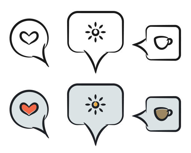 语音气泡图标集。手绘卡通风格的设计，涂鸦笔触线条，勾勒出孤立的元素，丰富多彩的图像。矢量图图片下载