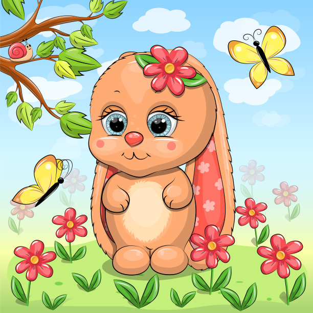 花园里可爱的卡通兔子。图片下载