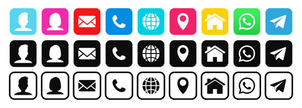 连接图标。联系我们图标集。联系和通信图标。一组通信图标。一套社交媒体图标，联系和社交图标的名片。向量图片下载