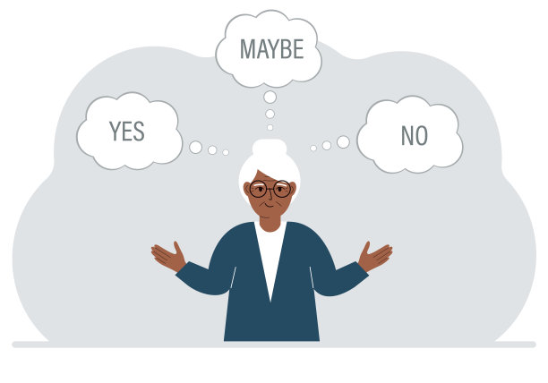 女人张开双臂，做出选择或决定。气泡上写着是，否，也许。图片下载