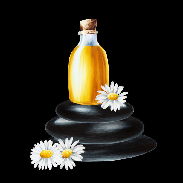 水彩油玻璃瓶与软木盖和洋甘菊水疗禅宗石头金字塔隔离在白色背景。美容产品及植物元素、美容及医药。适合设计师、spa装饰、明信片、包装纸、剪贴簿、封面、图片下载
