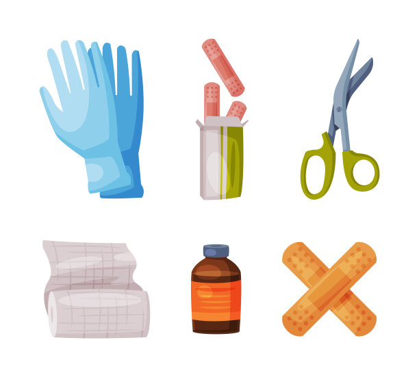 医疗保健和治疗对手套，石膏，剪刀，小瓶和绷带卷矢量集图片下载