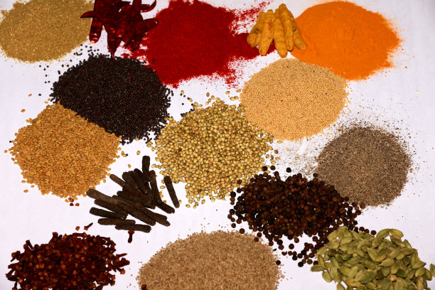 一套干印度香料在服务盘桌面视图图片下载