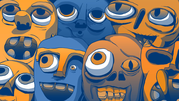 手绘漫画书插图-滑稽的拟人面孔。图片下载