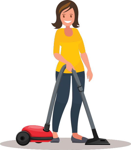 微笑的家庭主妇正在用吸尘器清洁地毯图片下载