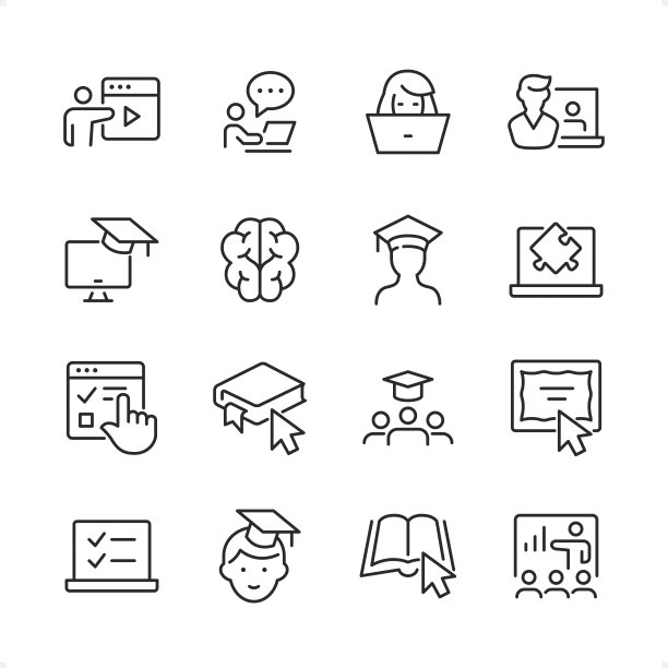 E-Learning -像素完美线条图标设置，可编辑笔画权重。图片下载