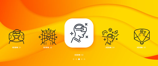 虚拟现实设置图标。3d眼镜，增强现实图形的青少年玩家戴着VR头戴式游戏。UI手机应用屏幕。矢量线图标的业务和广告图片下载