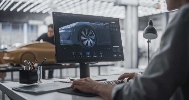 汽车设计师和建模师作为一个团队在工作室创建一个未来的汽车。工程师在桌面电脑上进行数字渲染，女雕塑家创建3D粘土模型图片下载
