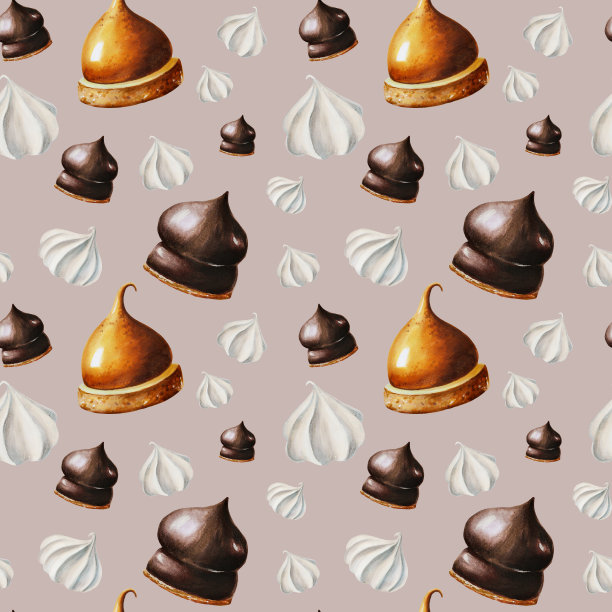 水彩无缝图案与蛋白霜，巧克力棉花糖，橙色蛋奶酥。手绘甜蜜的白色孤立的背景。适用于设计师，菜单，商店，酒吧，小酒馆，餐厅，用于明信片，包装纸，封面。海报及纺织品图片下载