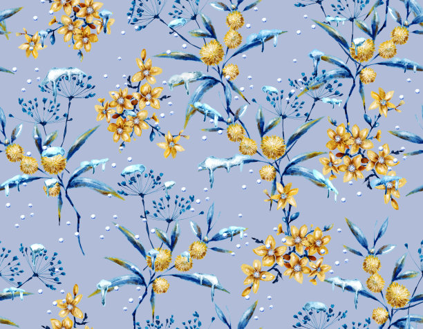 前冬季花卉花园植物手绘水彩插图无缝图案，设计时装，面料，纺织品，壁纸，包装和所有印刷品图片下载