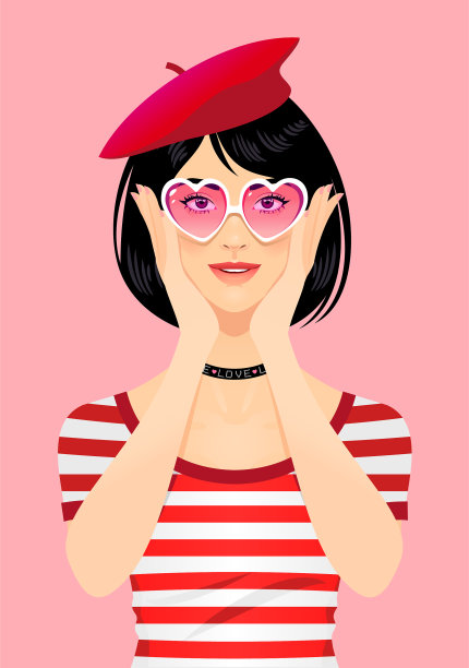 年轻女子戴着贝雷帽和心形眼镜图片下载