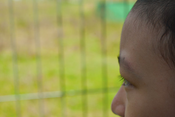 在模糊的背景下，一个孩子的半张脸的特写图像。图片下载