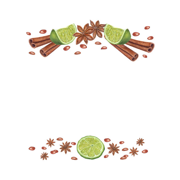 水彩框架的肉桂棒，八角茴香，成熟的青柠片孤立的白色。圣诞、新年柑橘配香料插画，用于问候、贺卡、包装。为你的文本复制空间。图片下载