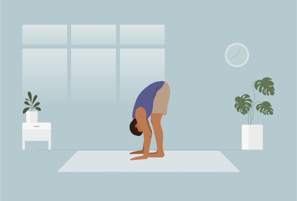 男士瑜伽向前折叠姿势，蓝色背景的utanasana插图图片下载