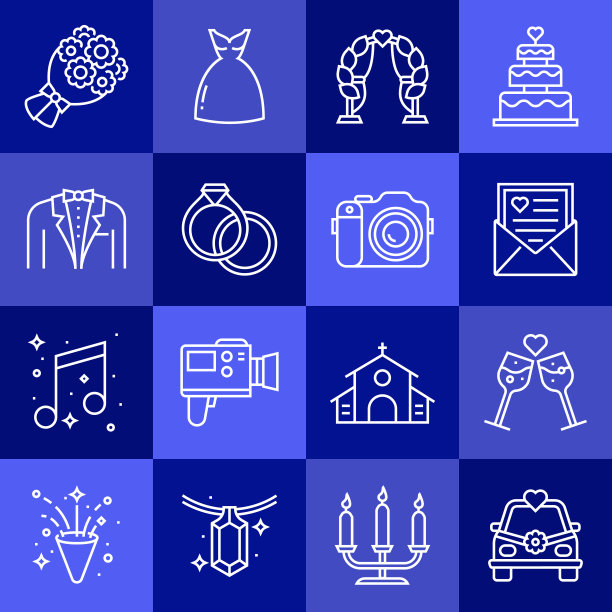 婚礼相关的矢量线图标的简单设置。大纲符号集合图片下载