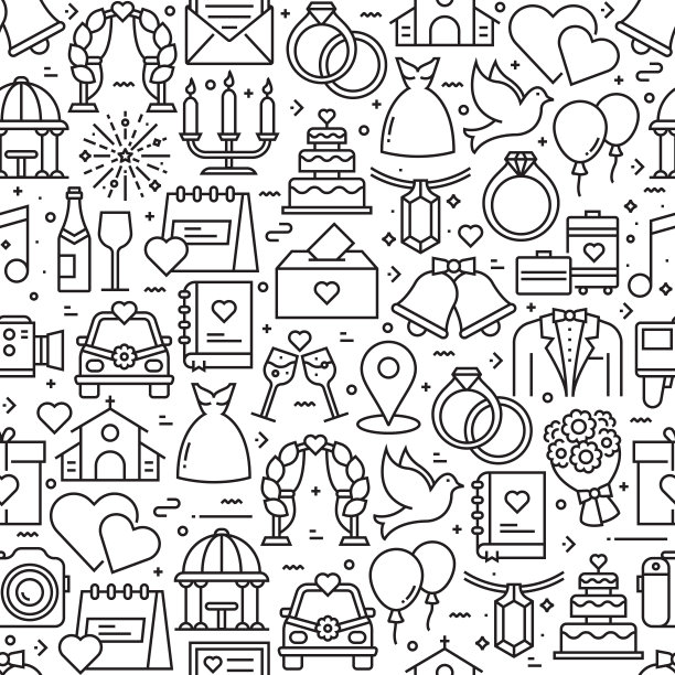 婚礼相关无缝模式和背景与线图标图片下载