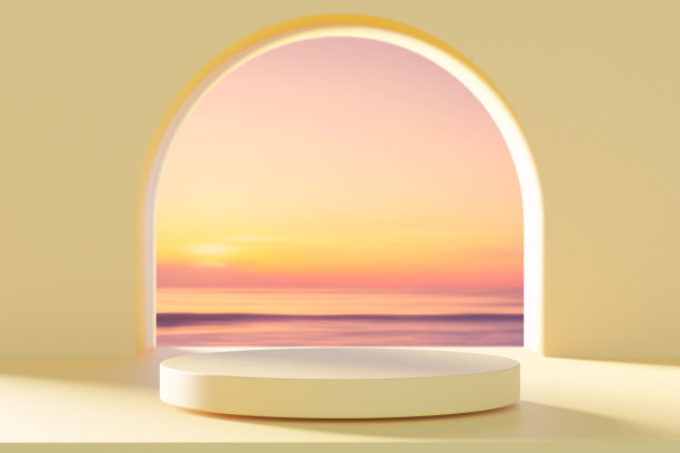 3d讲台与复制空间的产品展示呈现在海滩和日落天空抽象的背景。热带夏季和度假概念。平面艺术设计。图片下载