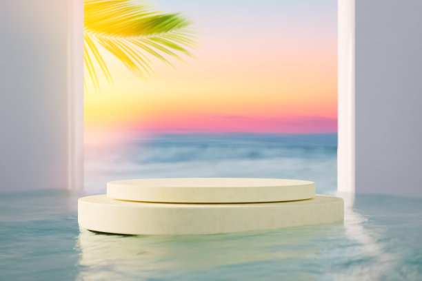 在棕榈滩和日落天空的抽象背景下，带有复制空间的3d讲台用于产品展示。热带夏季和度假概念。平面艺术设计。图片下载