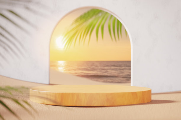 在棕榈滩和日落天空的抽象背景下，带有复制空间的3d讲台用于产品展示。热带夏季和度假概念。平面艺术设计。图片下载