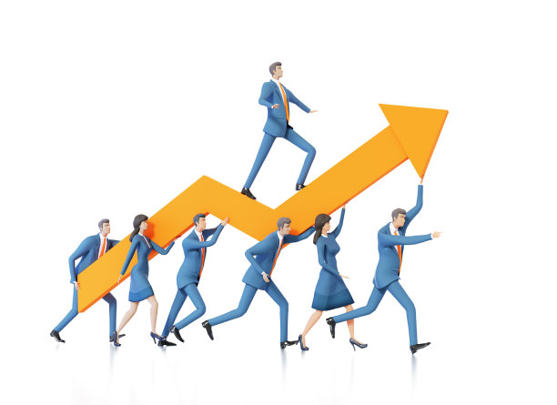 业务团队关心的箭头与商人呆在它和发出命令。帮助，支持，协同工作，咨询概念3D渲染插图图片下载