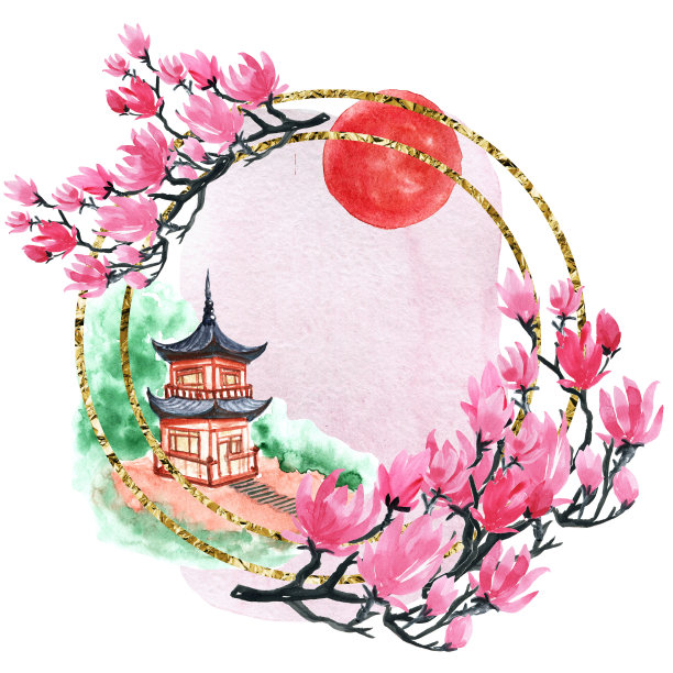 水彩插图。日本樱花园，花园中的凉亭。中国式的景观。图片下载