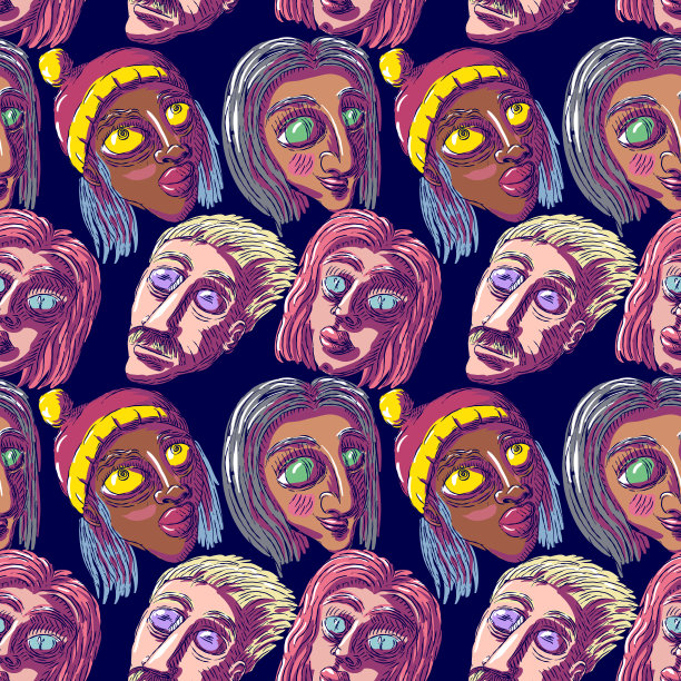 手绘矢量无缝涂鸦插图-人脸。图片下载