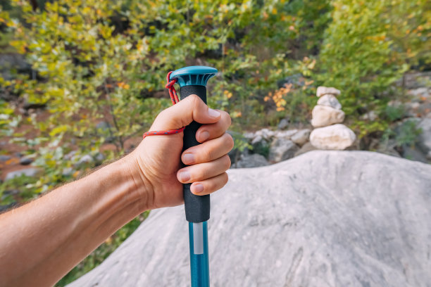 一名男性旅行者手持登山杖或杆子，背景是风景秀丽的山谷图片下载