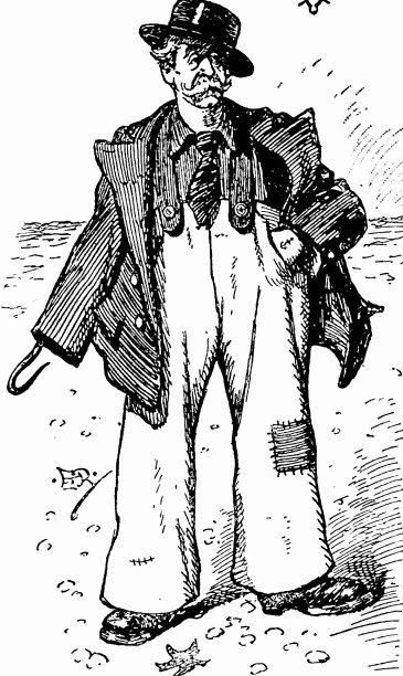 一个忧郁的老人站在海边，一只手拿着钩子，斜戴着帽子，领带，宽松的衣服，打补丁的裤子图片下载