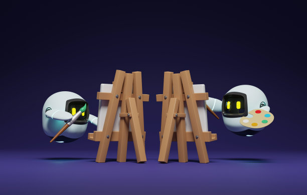 机器人拿着画笔在紫色背景上创造未来主义的数字艺术图片下载