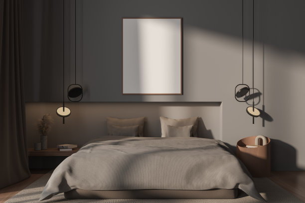 极简的灰色主卧室与海报图片下载
