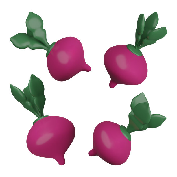 3D插图渲染蔬菜萝卜紫丁香与绿叶在白色背景。图片下载