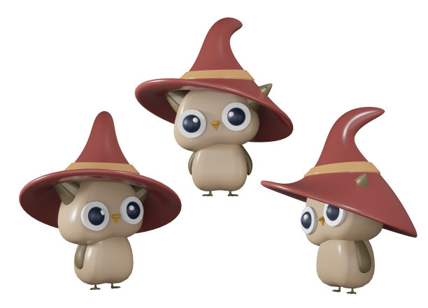 一组以白色背景上戴着帽子的棕色小猫头鹰的形式呈现的3D物体图片下载