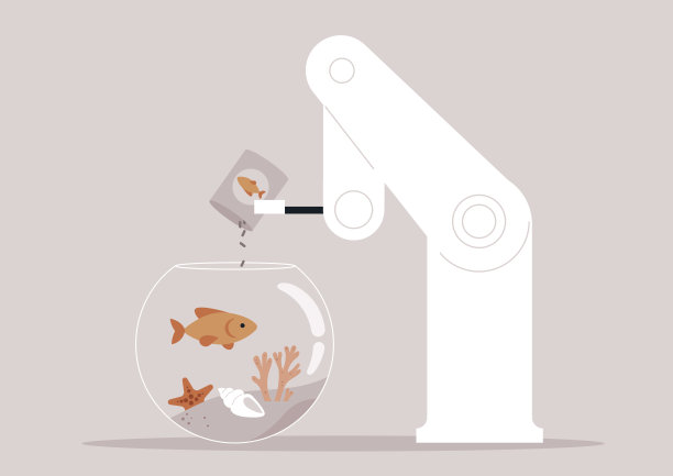 一个机器人在一个圆形鱼缸里喂金鱼，鱼缸里有珊瑚和贝壳图片下载