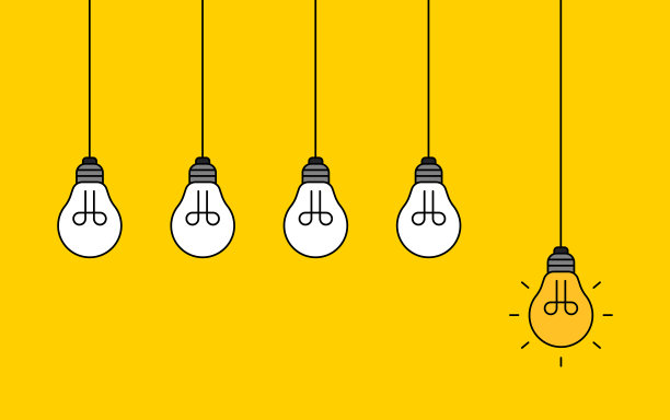 悬挂灯泡，其中一个在白色背景上发光。观念的概念图片下载