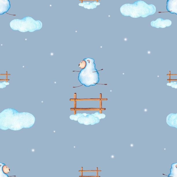 无缝图案与水彩羊跳过围栏上的蓝色背景图片下载