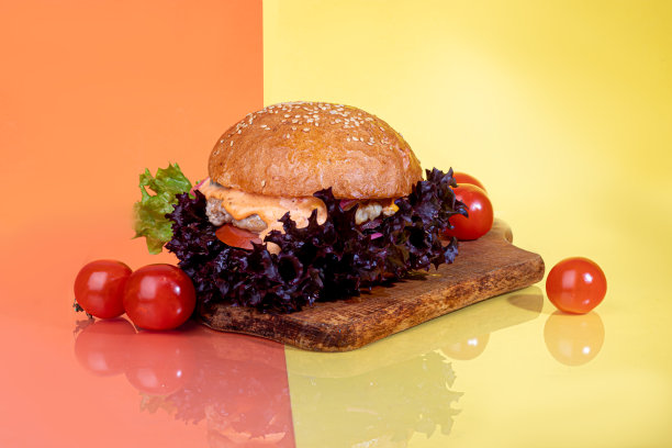 烤新鲜汉堡，配牛肉饼，西红柿，奶酪，黄瓜和生菜。在颜色。图片下载