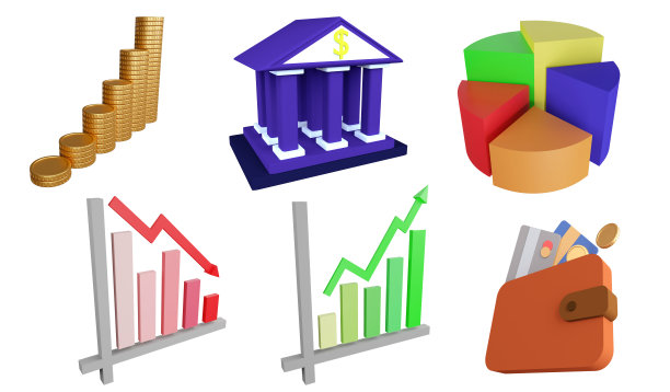金融剪贴画元素，3D渲染投资概念图标集孤立在白色背景上图片下载