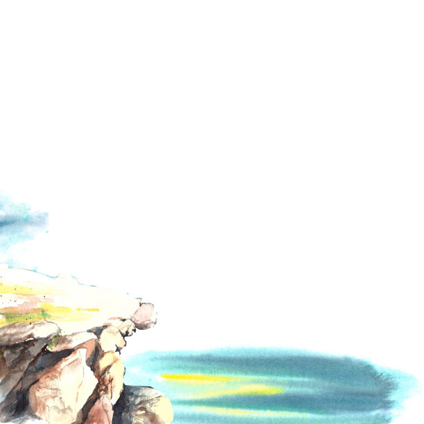 水彩手绘航海插图海，波浪与反射的岩石码头。孤立在白色背景上。图片下载