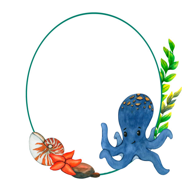 水彩框架可爱的章鱼，石头，海星，贝壳和绿色海藻。插图水下的草和岩石收集，自然景观元素在白色的背景上为儿童印刷图片下载